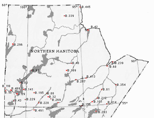 Map of Northern Manitoba with the locations of HBC Fur Trade Posts