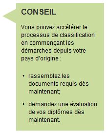 CONSEIL Vous pouvez accélérer le processus de classification en commençant les démarches depuis votre pays d’origine : rassemblez les documents requis dès maintenant; demandez une évaluation de vos diplômes dès maintenant