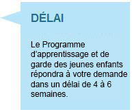 DÉLAI Apprentissage et garde des jeunes enfants Manitoba répondra à votre demande dans un délai de 4 à 6 semaines